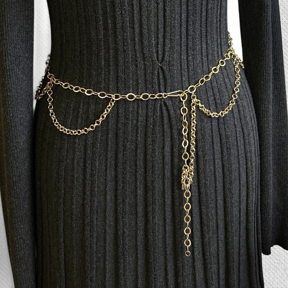Gold Tone Multi Chain Belt Draped Polished Swag Necklace Adjustable 34-38"